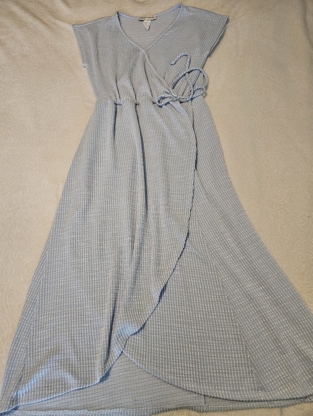 Stitchwurks Light Blue Waffle Knit Faux Wrap Midi Dress Medium Breezy Comfy Euc